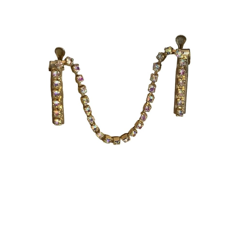 Vtg Double Sided sweater Pin Gold tone Rhinestones icy Alligator Clips Brooch